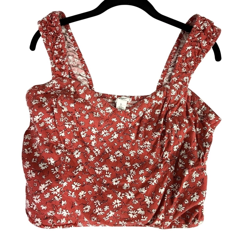Smocked Floral Crop Top Tank‎ Red White Size L Lined Coquette Girl Milkmaid